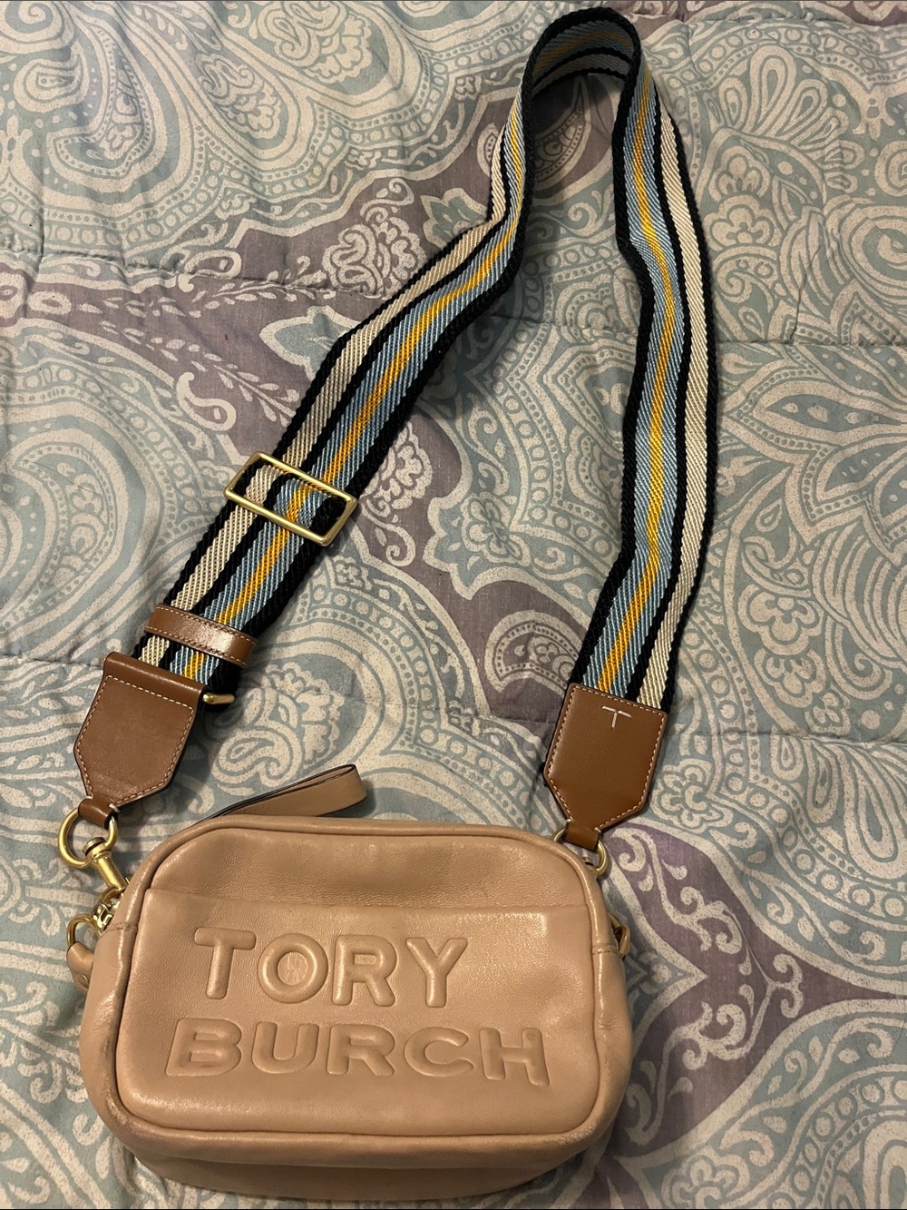Tory Burch Taupe Leather Camera Bag with Striped Webbing Strap